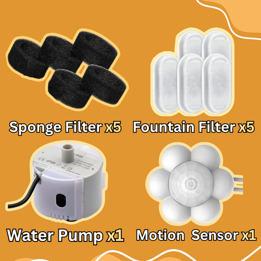 Fountain Support Set          5 Sponge Filters   5 Fountain Filters  1 Water Pump 1 Motion Sensor